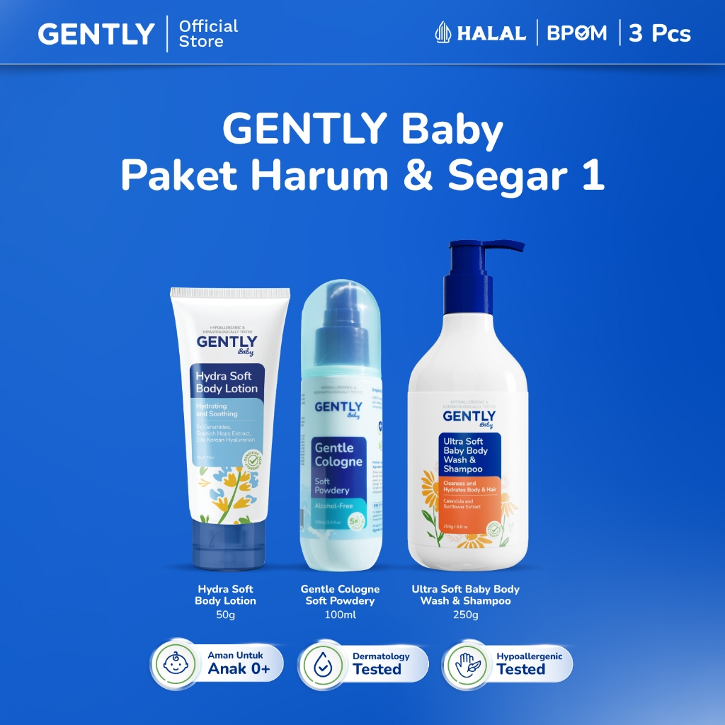 GENTLY Baby Paket Harum & Segar | Paket Hydra Soft Body Lotion 50 g Moisturizer Bayi dan Anak + Gent