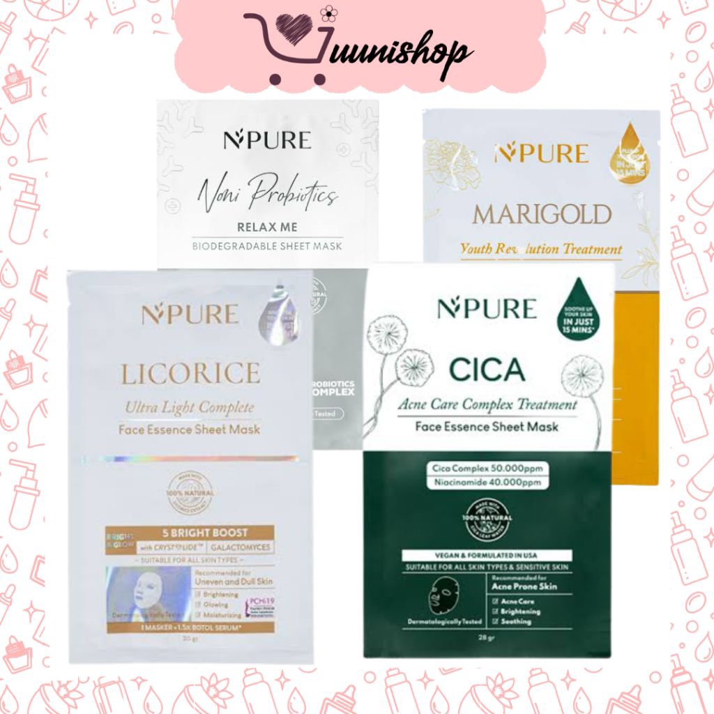 npure sheet mask / Npure marigold / npure cica Centella / npure licorice / npure noni prebiotics