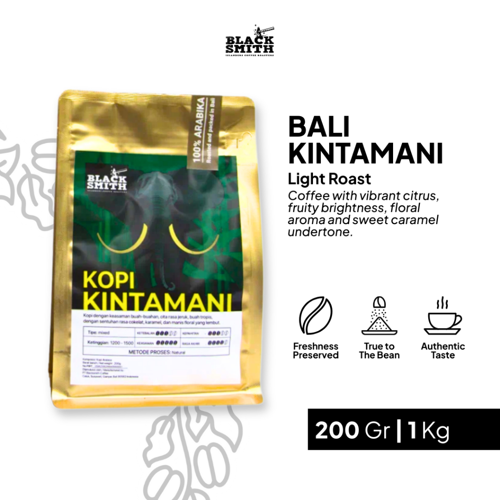 

Kopi Bubuk Arabica Blacsmith Coffe Bali Kintamani Arabika Light Roast Emas Rasa Manis Ringan