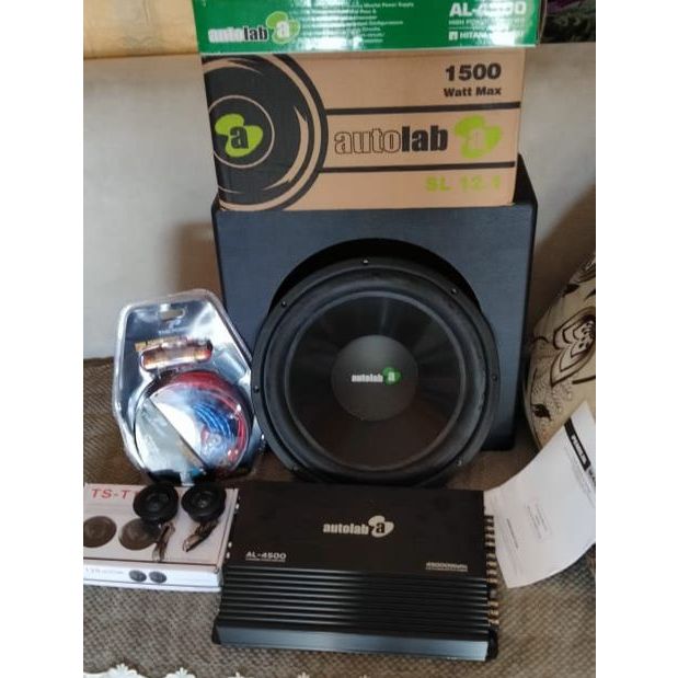 PAKET AUDIO MOBIL POWER 4 CHANNEL AUTOLAB + SUBWOOFER 12 INCH AUTOLAB + BOX SUBWOOFER LOKASI MALANG