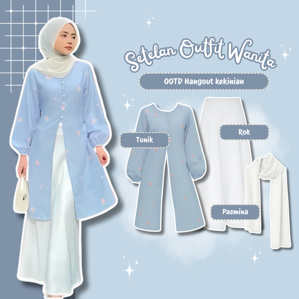 One Set Outfit Wanita || Tunik Bunga Rok ruffle Pasmina || Outfit Kondangan Lebaran Kekinian-A090