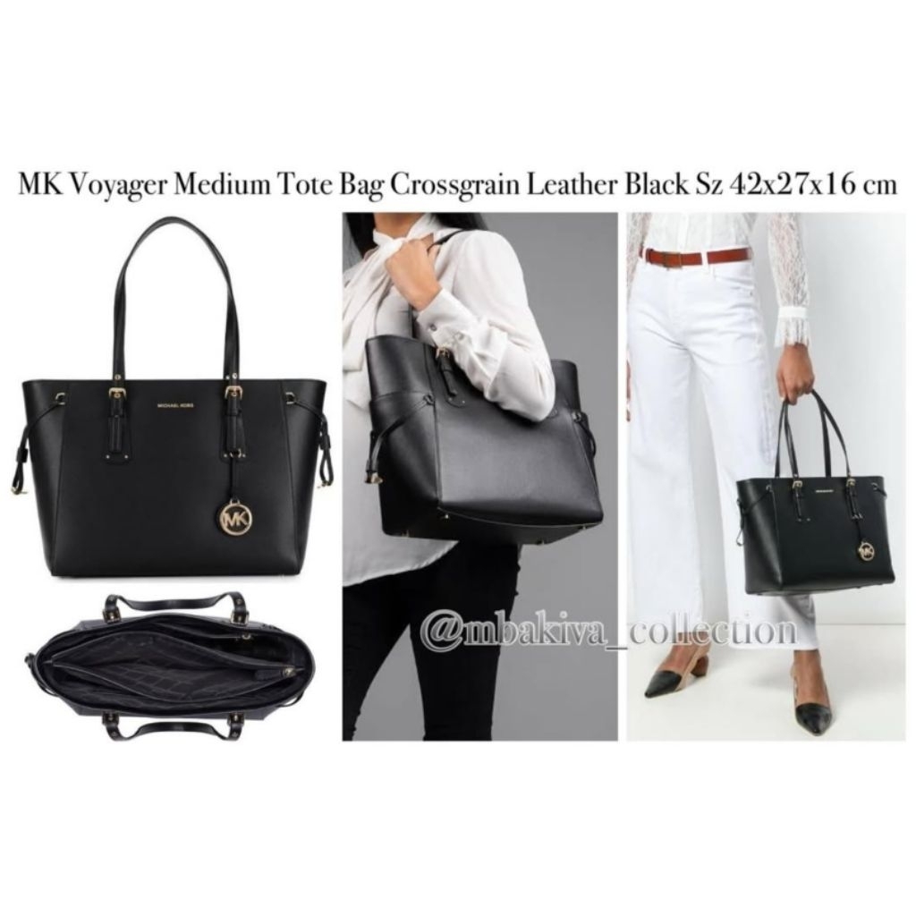 MK Voyager Medium Tote Bag Crossgrain Leather Black