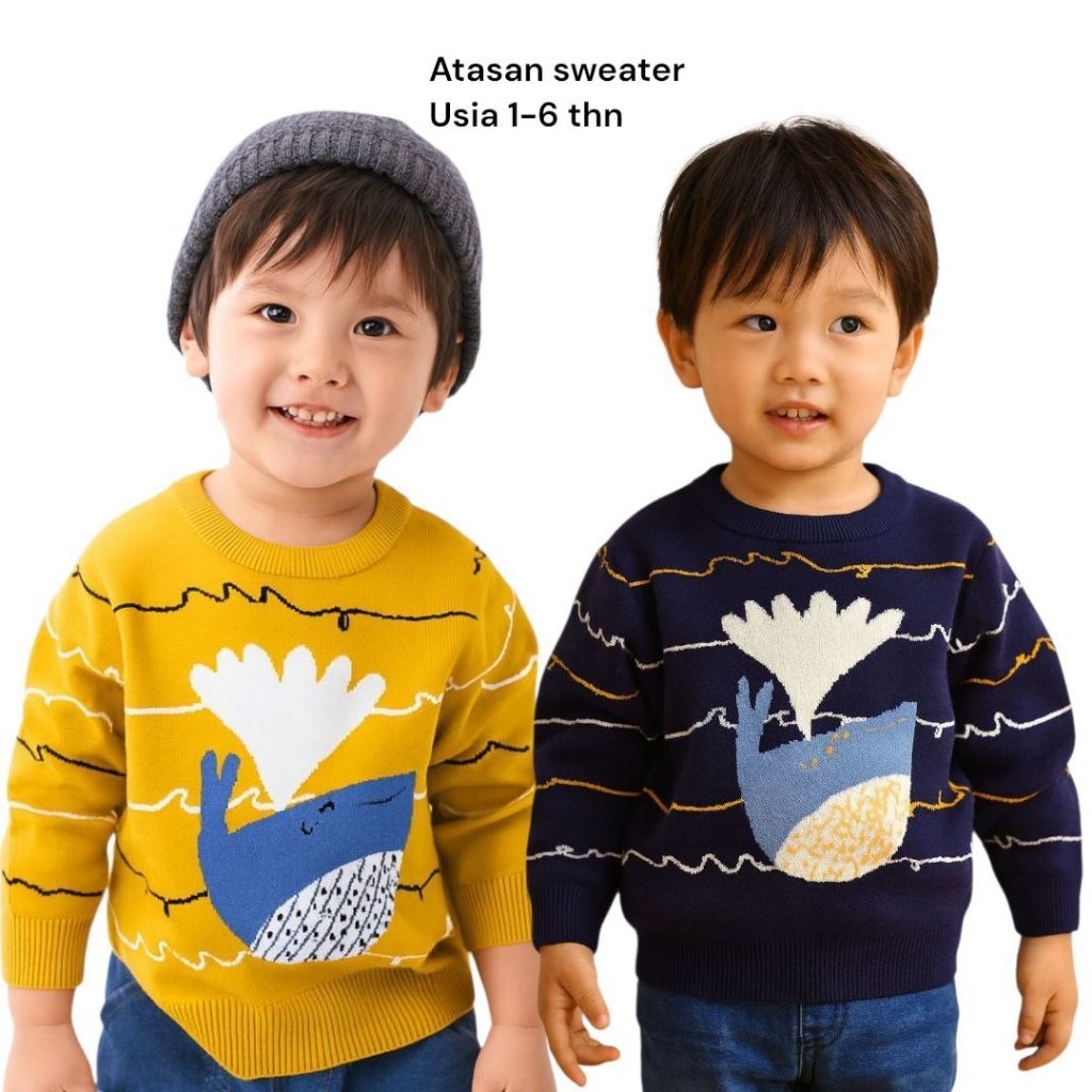 MASYKEN Sweater Anak Motif WHALE - Hangat & Ceria untuk Usia 1-7 Tahun