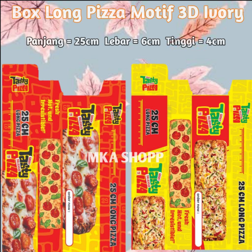 Box Long Pizza Motif 3D Ivory Ukuran 25×6×4 cm / Kardus Tasty Pizza / Wadah Pizza Panjang / Kemasan 