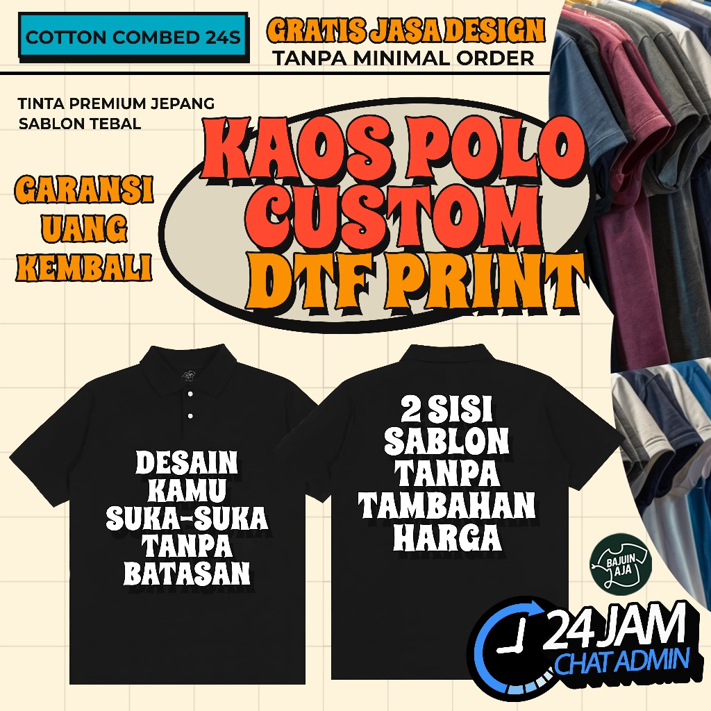 Kaos Polo Sablon Custom Satuan / Kaos Polo Sablon Desain Sendiri - Reguler Fit (Cotton Combed 24s)