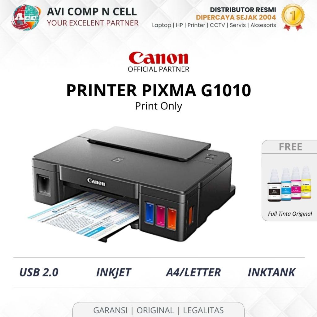 Printer Canon Pixma G1010  – Cetak Tinta Warna & Hitam – Ink Tank – Garansi Resmi 1 Tahun Free Tinta