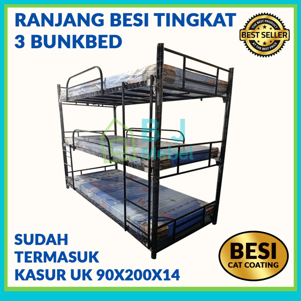 tempat tidur tingkat  3 susun ranjang susun besi bunk bed ranjang besi
