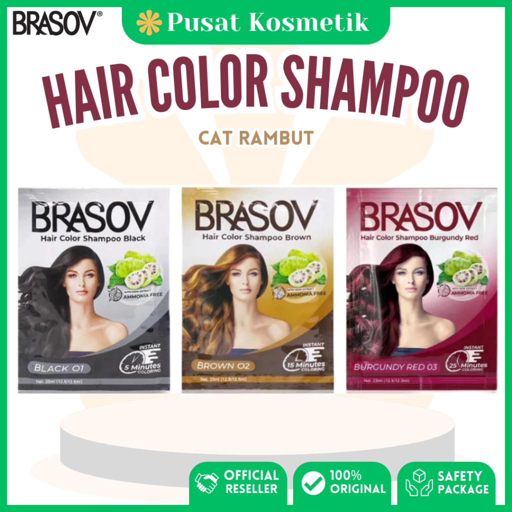 BRASOV Hair Color Shampoo Sachet | 1 Sachet Cat Rambut Sampo Bebas Ammonia 25ml