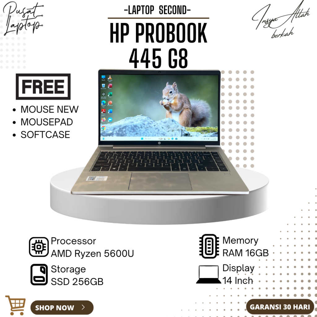 HP ELITEBOOK 445 G7 SECOND | AMD RYZEN 5-5600U | RAM 16GB | SSD 256GB | NORMAL | BERGARANSI