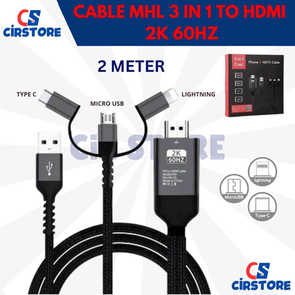 Kabel MHL 3 In 1 Type C Micro Lightning 2K Kabel HDMI 3 in 1 Micro Usb Type C Lightning HDTV Cable A