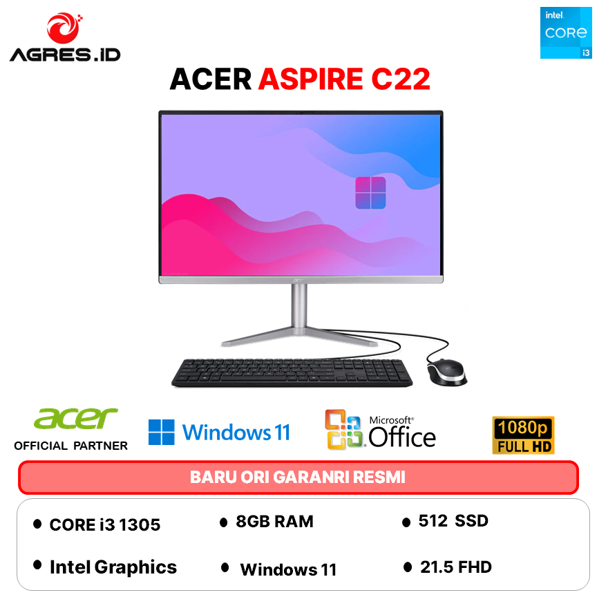 ACER AIO ASPIRE C22 I3 1305 8GB 512GB W11PRO+OHS 21.5FHD GARANSI RESMI INDONESIA
