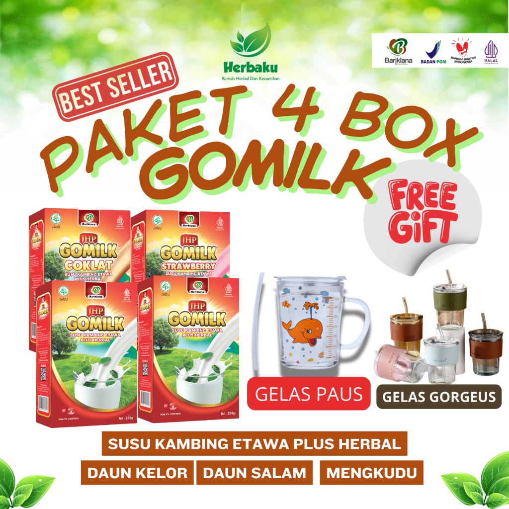 

PROMO PAKET 4 BOX GOMILK SUSU KAMBING ETAWA PLUS HERBAL DAUN KELOR DAUN SALAM MENGKUDU TIDAK BAU PRENGUS