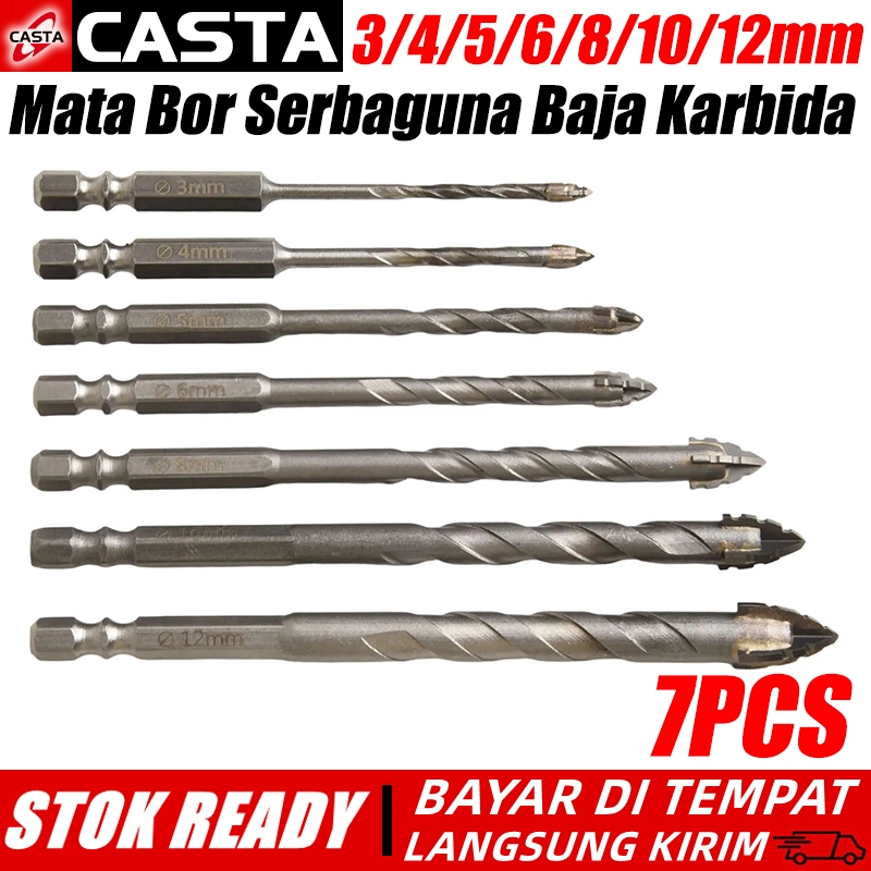 CASTA Set 7PCS Mata Bor Baja Tungsten 3-12mm Super Keras untuk Bor Kaca, Keramik, Beton