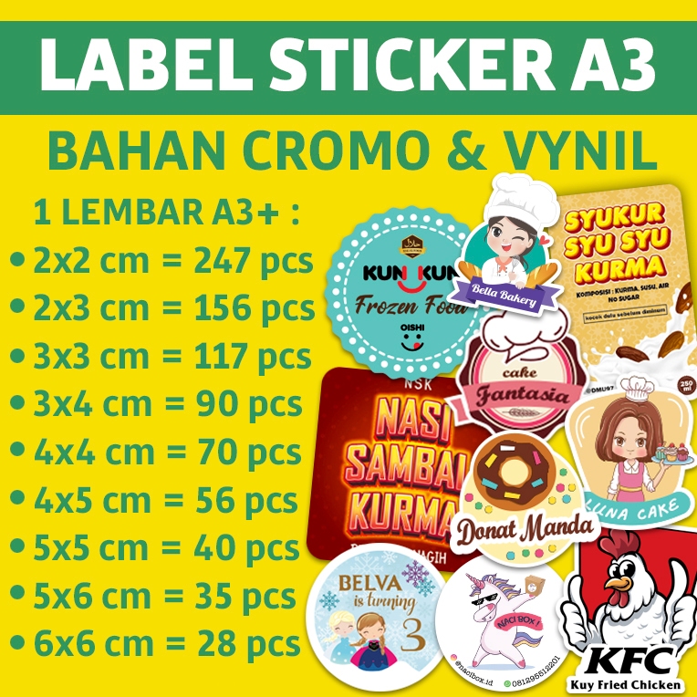 

Sticker A3+ Isi 247 pcs Bahan Kromo & Vynil Cocok untuk Label Packaging, Kemasan, Botol, Makanan, Minuman, Souvenir Ulang Tahun