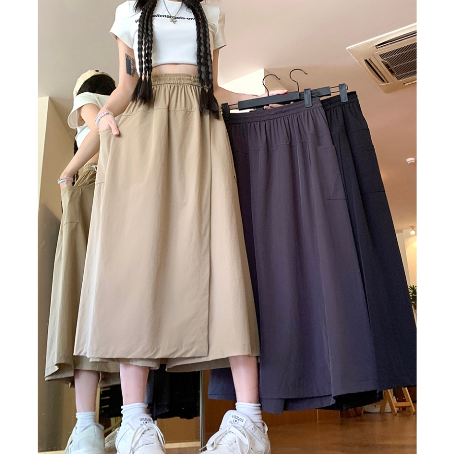 Wanita Celana Rok Ice Silk Big Size Casual Luar Biasa Panjang Delapan Bagian dengan Desain Khas