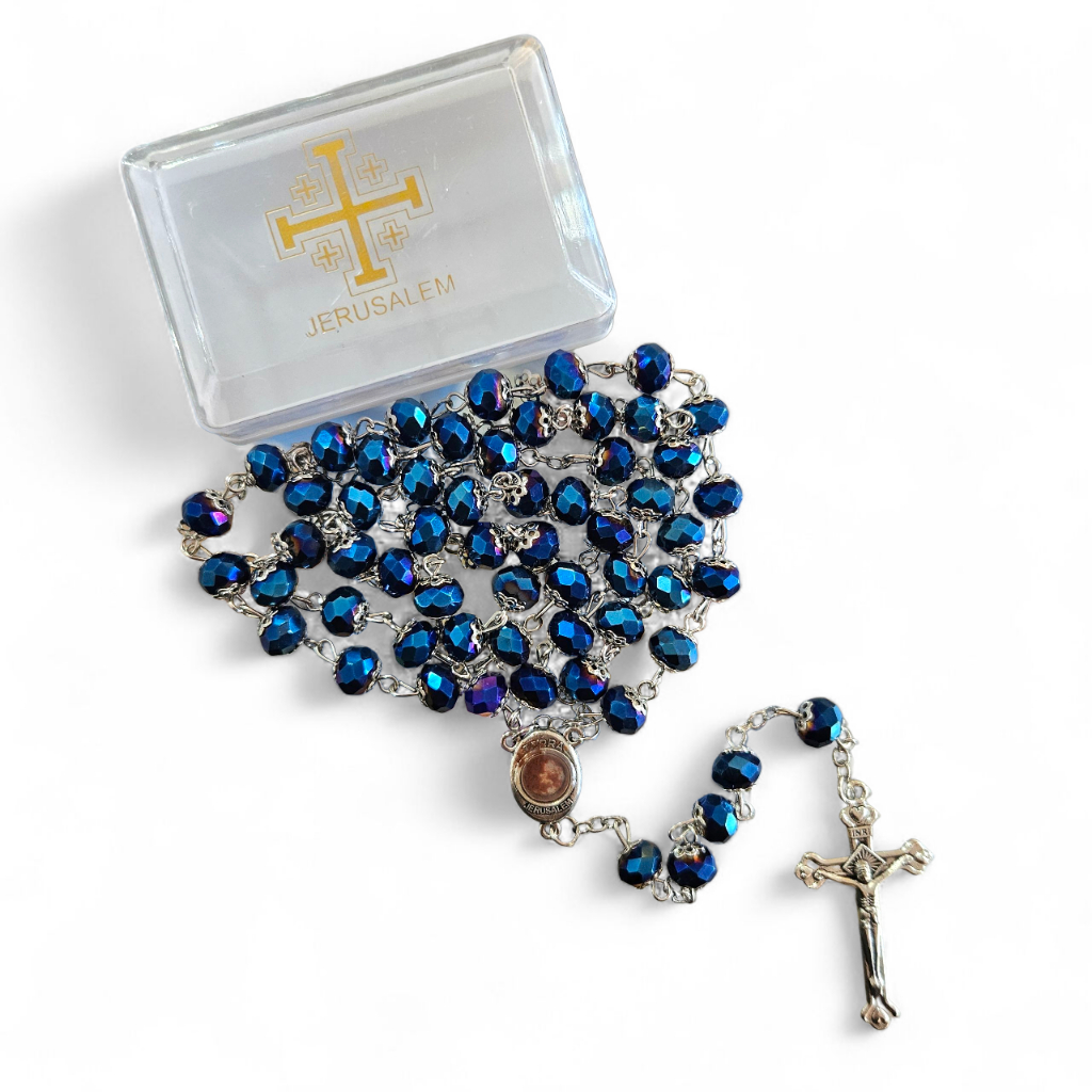 Rosario Kristal Cheko 8mm Permata Biru Listrik Terra Jerusalem Silver