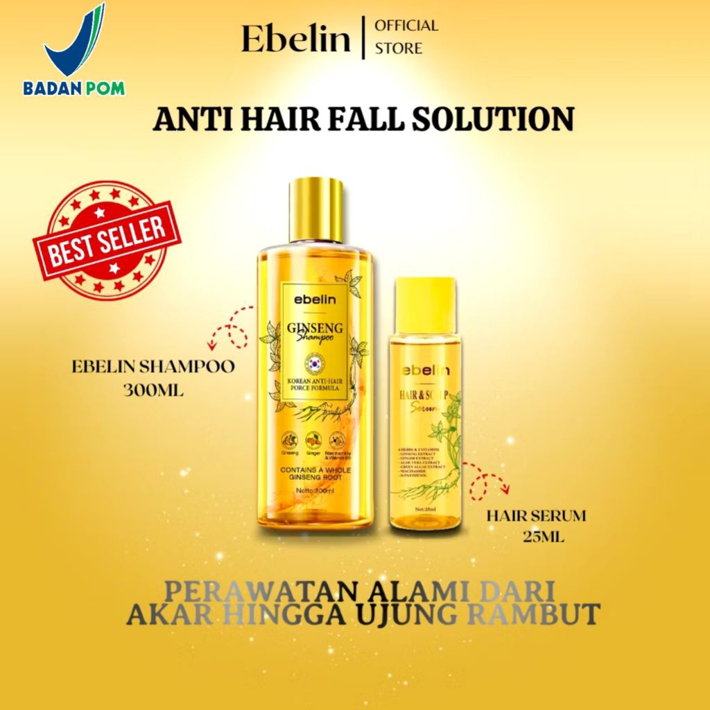 Paket Combo EBELIN Shampo + Serum  Solusi Rambut Rontok Penumbuh Rambut Herbal Ginseng Korea