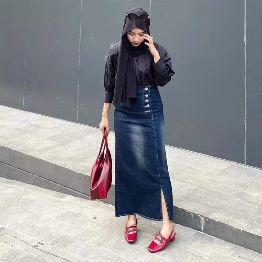 Rok Rebecca / Rok Jeans Belah Samping / Rebecca Highwaist / Rok jeans Kancing Samping