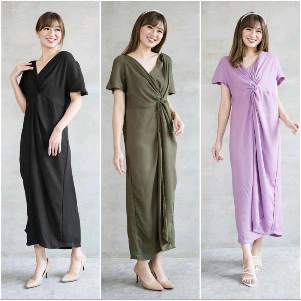 Twisted Dress Crinkle Wanita Pesta Party Kondangan Polos Lengan Pendek