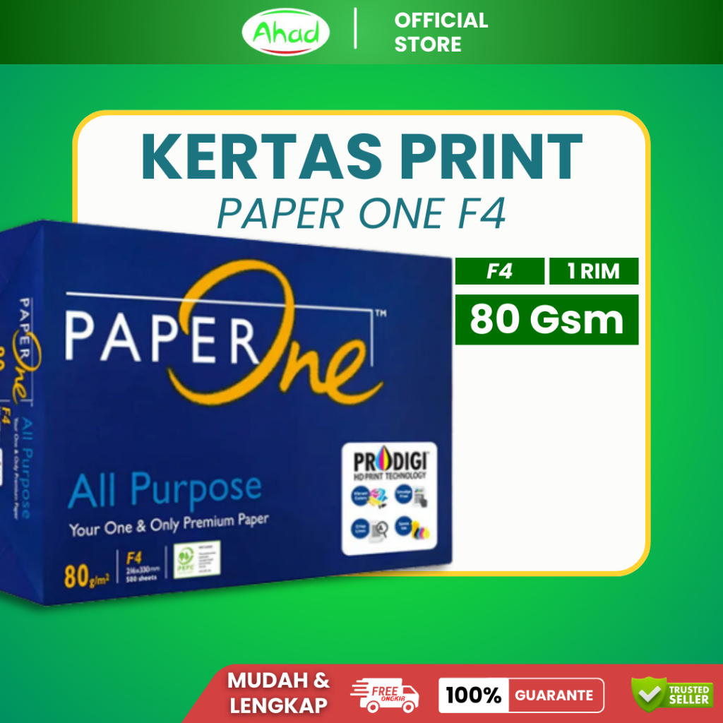 

Paper One Kertas HVS F4 80gsm | 1 Rim Isi 500 Lembar | Kertas HVS 1 Rim | Kertas HVS F4