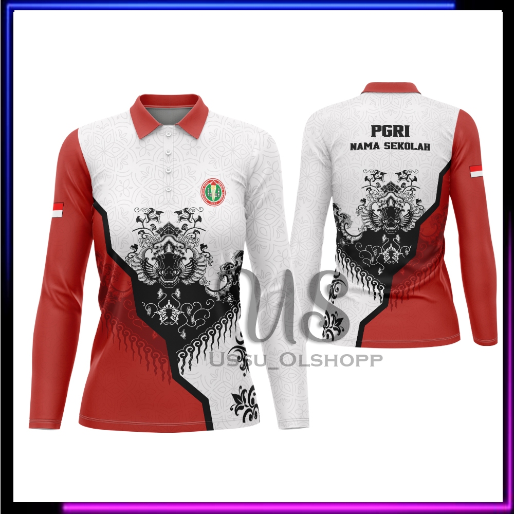 PGRI Kaos Guru Batik PGRI / Seragam PGRI Pria Wanita / Baju Guru Seragam PGRI Berkerah Custom Nama/S