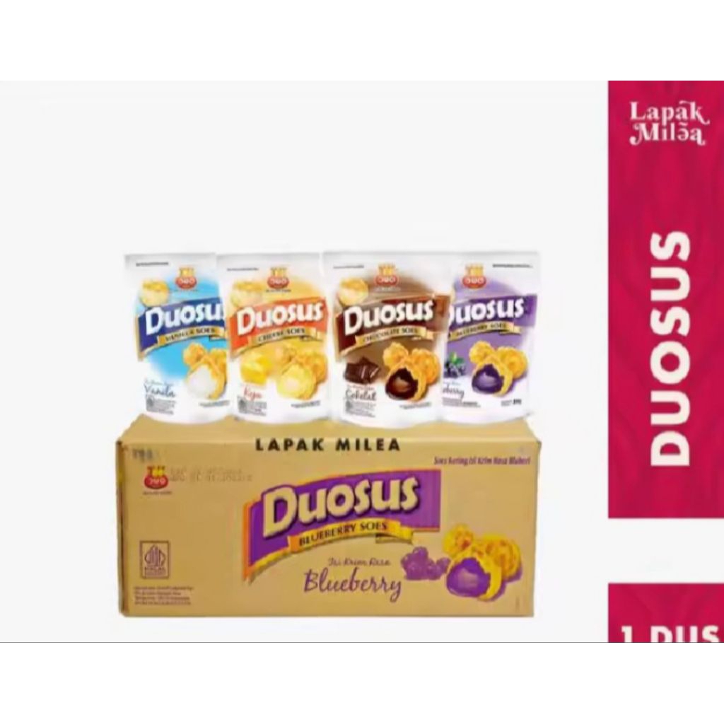

Duosus krim soes paket 10 pcs dan 1 dus isi 30 gram varian rasa coklat bluberryvanilakeju