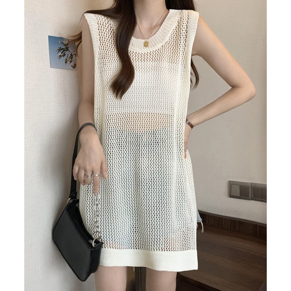 Atasan Outer Rajut Jaring Bolong Hollow Tanpa Lengan Panjang