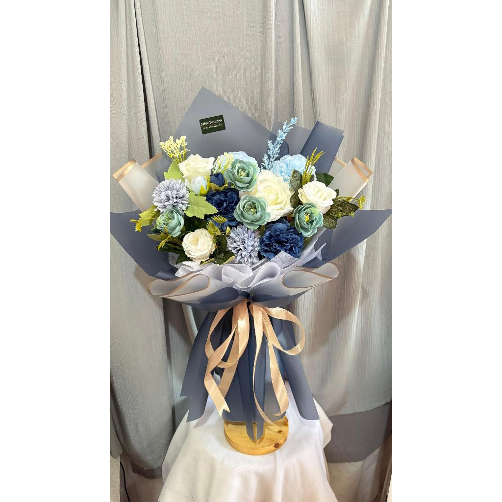 Garden Glow | Buket bunga artificial wisuda sidang | Buket warna hijau green biru blue navy | Buket 