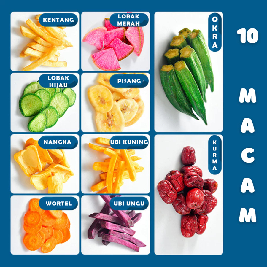 

Buah Sayur 10 Jenis - Qiao Mei Wei Snack Sayur Buah Renyah Sehat Ubi Okra Pisang Apel Lobak Buncis Wortel