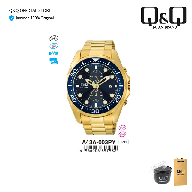 Q&Q QnQ QQ Original Arloji Jam Tangan Pria Analog Stainless Steel - A43A Tahan Air 5 BAR