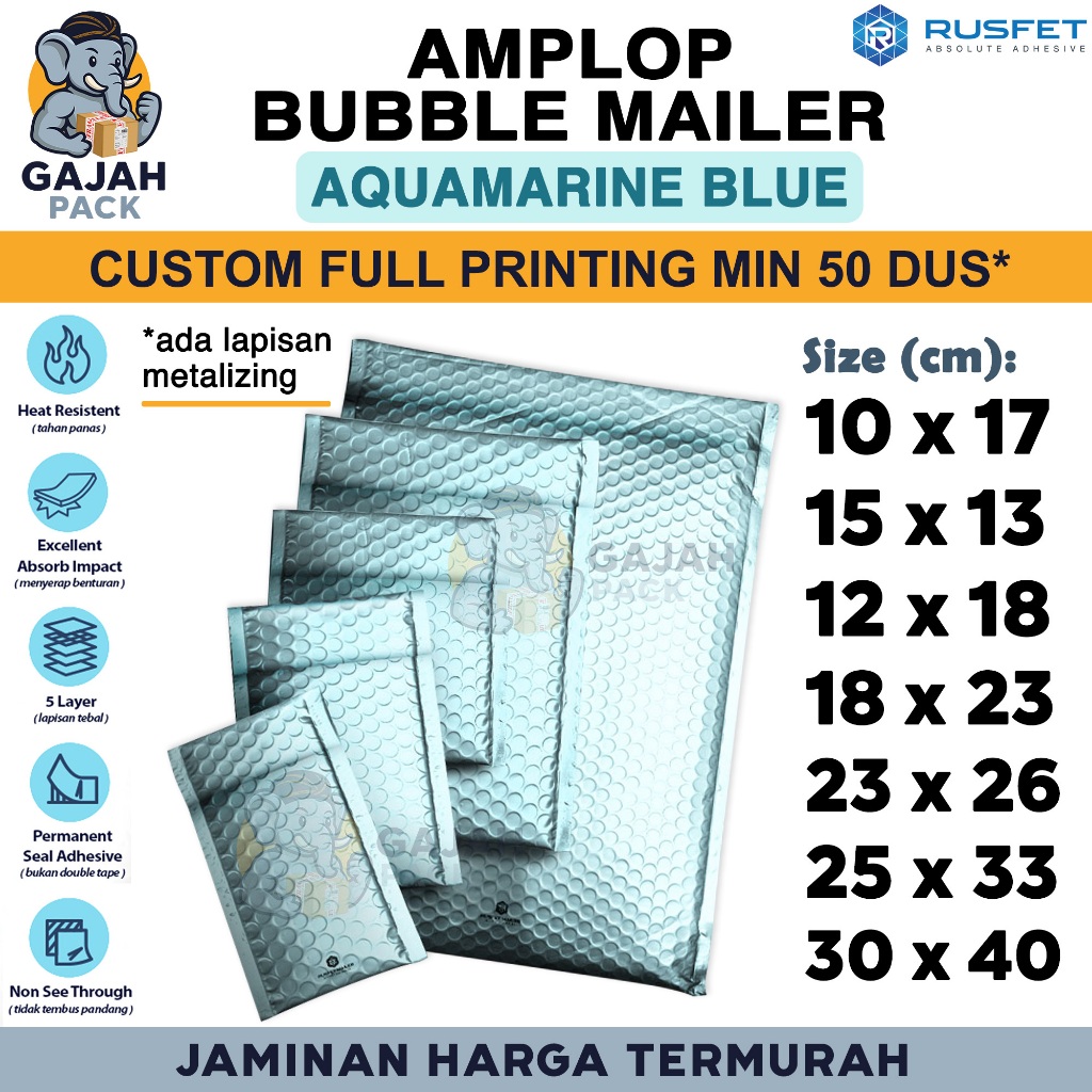

Amplop Bubble Wrap AQUAMARINE BLUE Biru Envelope Bubble Bag Mailer Safety Security Packing Perekat Paket Premium Murah RUSFET / SATUAN