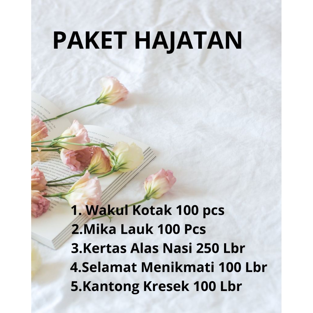 PAKET HAJATAN KOMPLIT @100 PCS(Wakul Kotak, Mika, Alas Nasi, Kantong Kresek, Opp Selamat Menikmati)