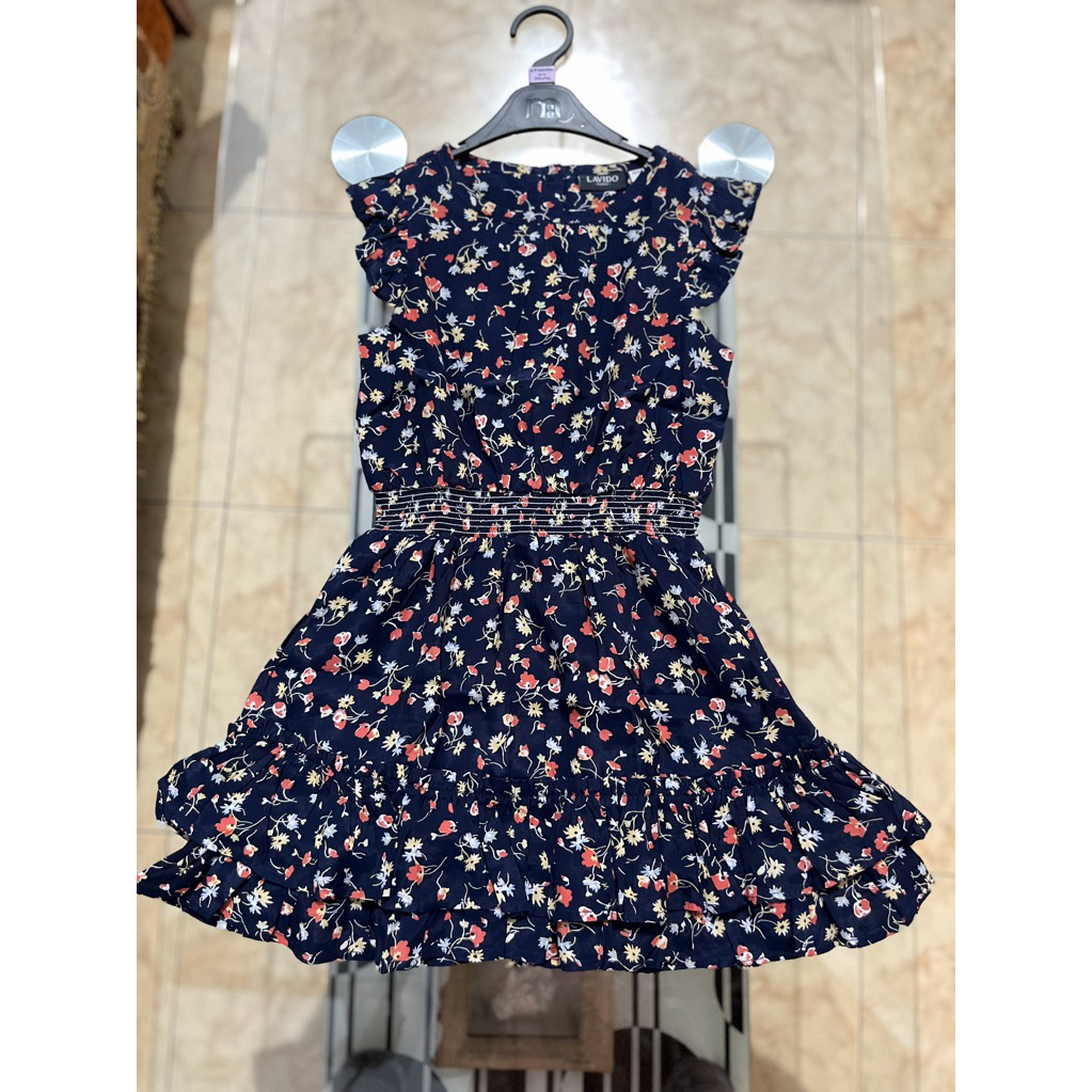 Navy floral Kerut Pinggang Lavido Dress