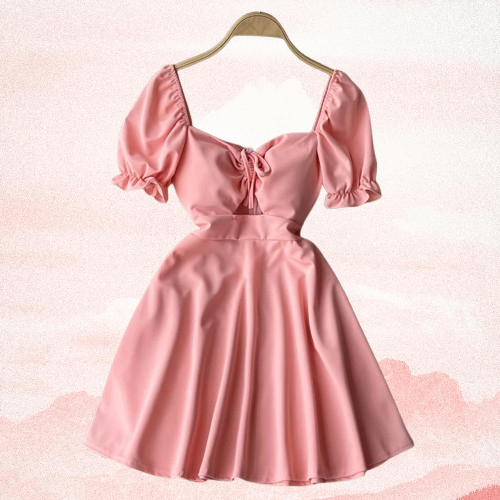 Mini Dress Wanita Sabrina Lengan Pendek Balon Puff Lucu Cute Korea Kekinian Premium Dada Serut Terbu