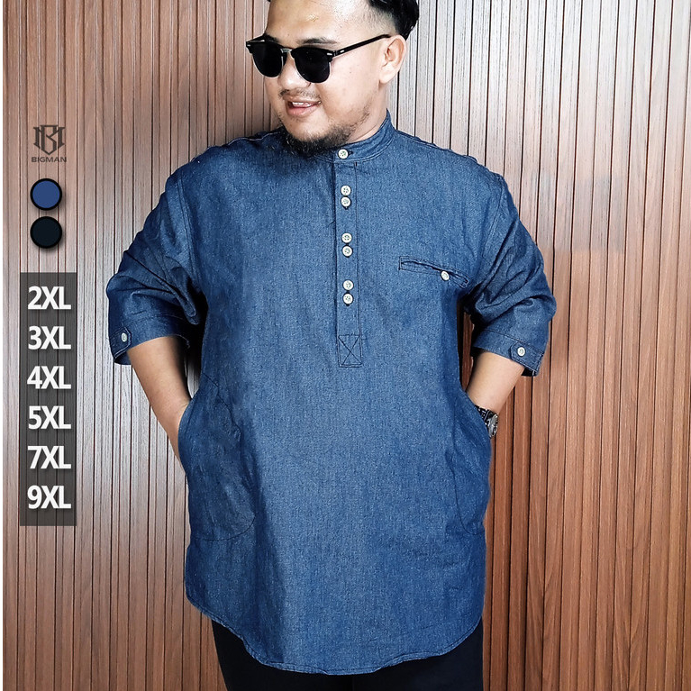 Kurta Pria Lengan 3/4 Jumbo / Kemeja Jeans Jumbo / Kemeja Oversize Pria Kerah Shanghai