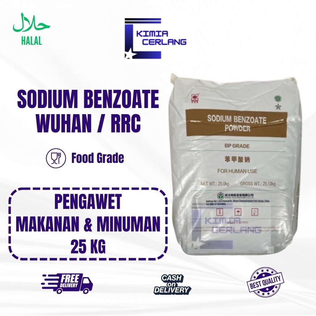 

Sodium Benzoate / Pengawet Makanan Minuman Halal / Natrium Benzoate Wuhan RRC 25 Kg 1 Zak