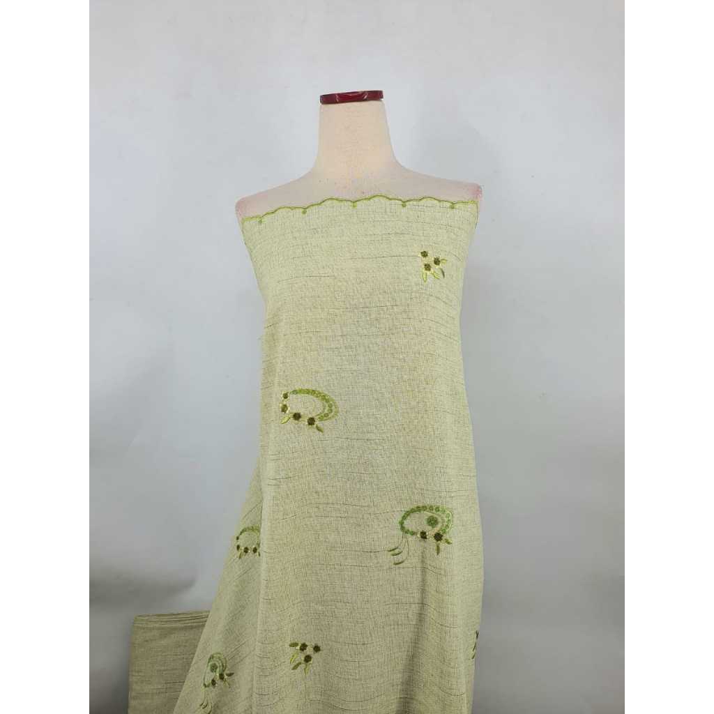 Kain Linen Embroidery Motif Bunga Daisy Paisley Sage Green ( Pronto Moda )