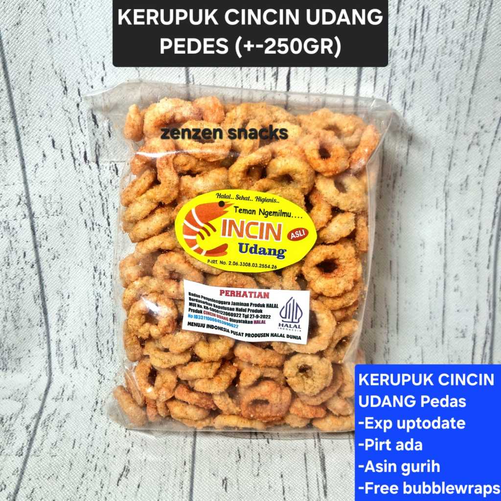 

KERUPUK CINCIN UDANG PEDAS +-250GR CINCIN UDANG ZENZEN SNACKS