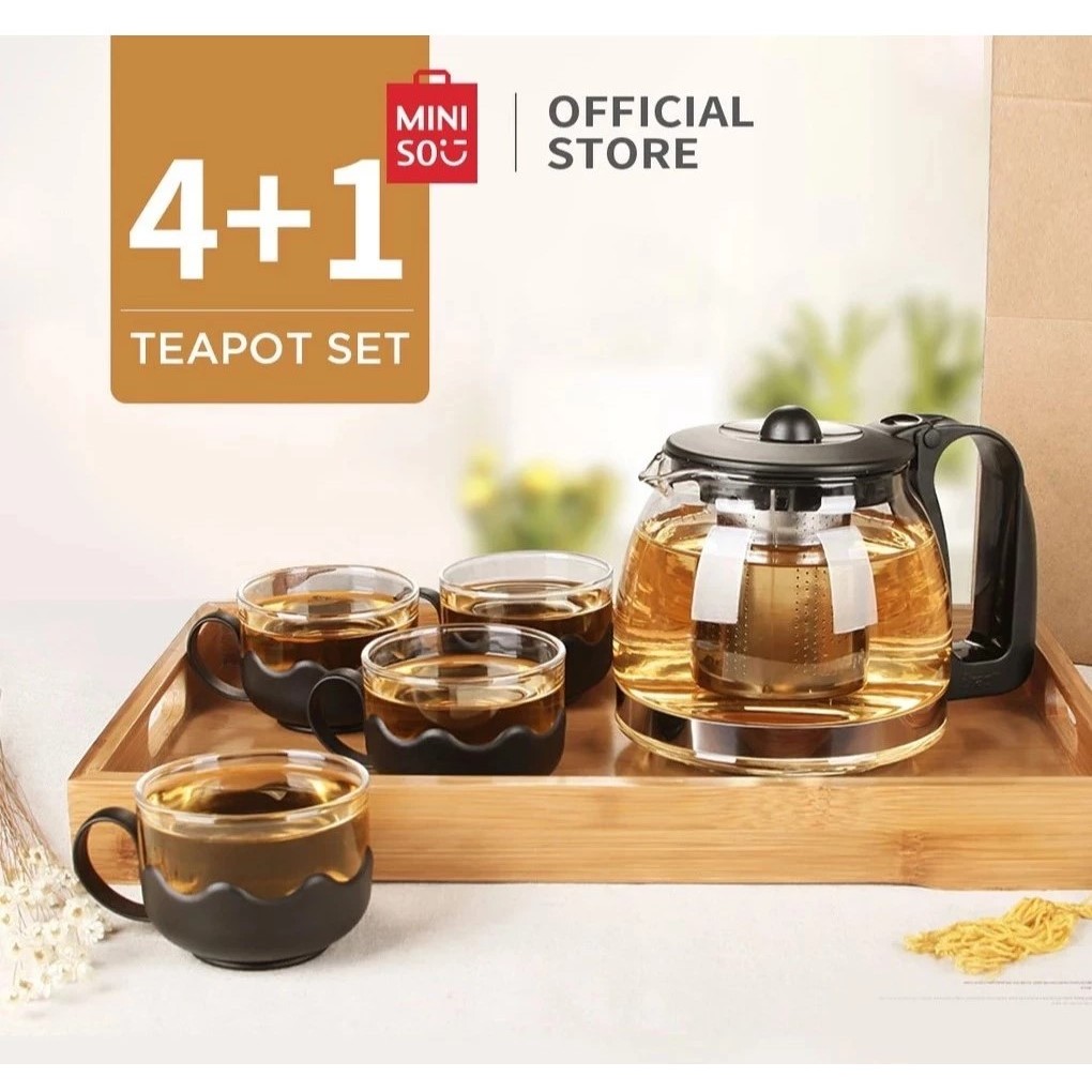 Berkualitas MINISO Teko Teapot Set Teh Sederhana 5pcs/set Teh Ketel Kaca Teapot dengan 4pcs Gelas Pr
