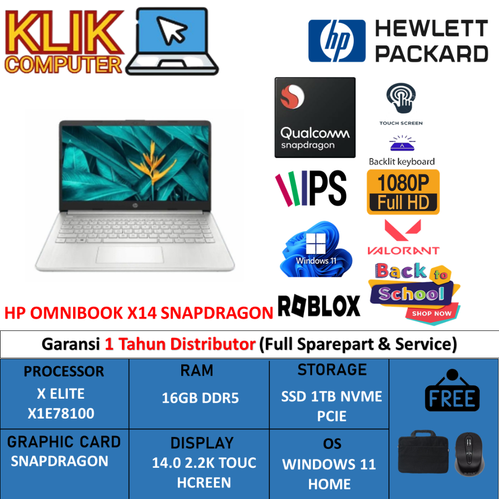 Hp Omnibook X 14 Snapdragon X Elite X1E78100 16Gb Ddr5 1Tb 14.0 2.2K Touchscreen Win 11 Home
