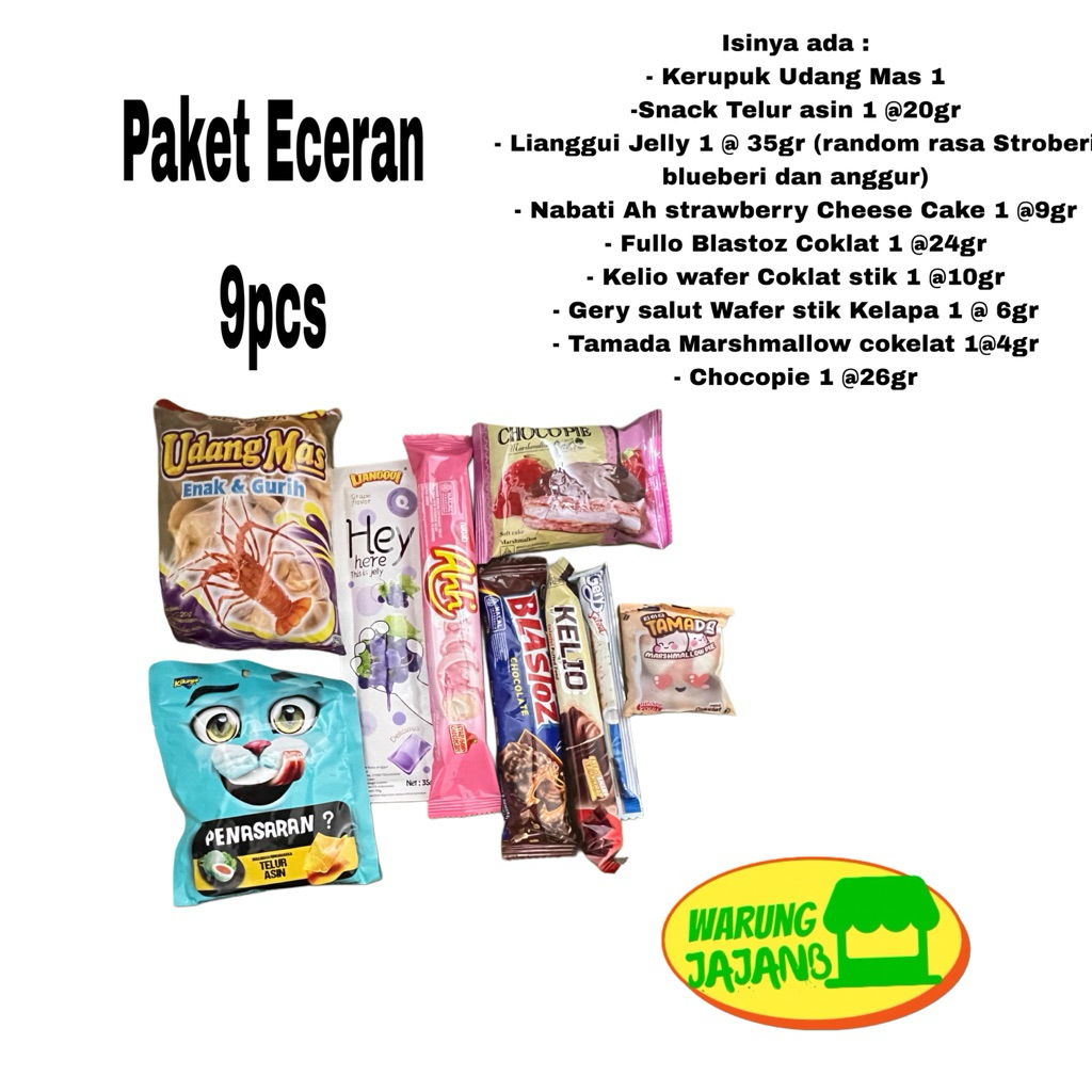 

Paket Eceran 9pcs Ada Kerupuk Udang Keripik Telur Asin Jelly Agar Nabati Ahh Cheesecake BLastoz coklat Chocopie Wafer Stik cokelat Kelio Gery Salut Kelapa Marshmallow cokelat