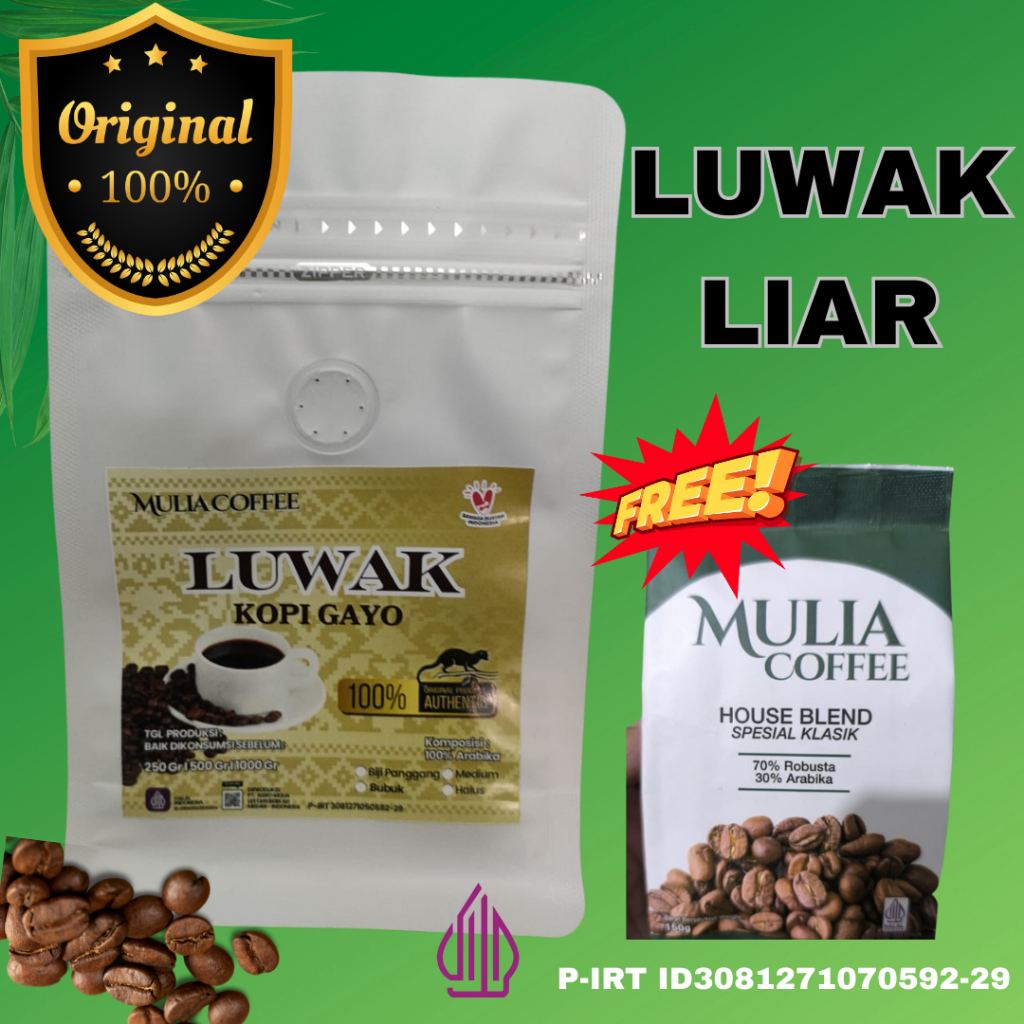 

Biji Kopi 100% Luwak Liar Arabika Premium 250Gr 500Gr dan 1kg Mulia Coffee Free House Blend Klasik