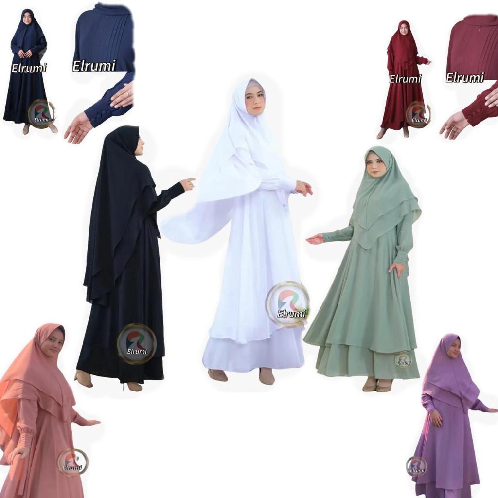 Baju Gamis Wanita Set Khimar Ceruti Babydoll Elegan Mewah 2025 Terbaru Putih Syari Umroh Haji Muslim