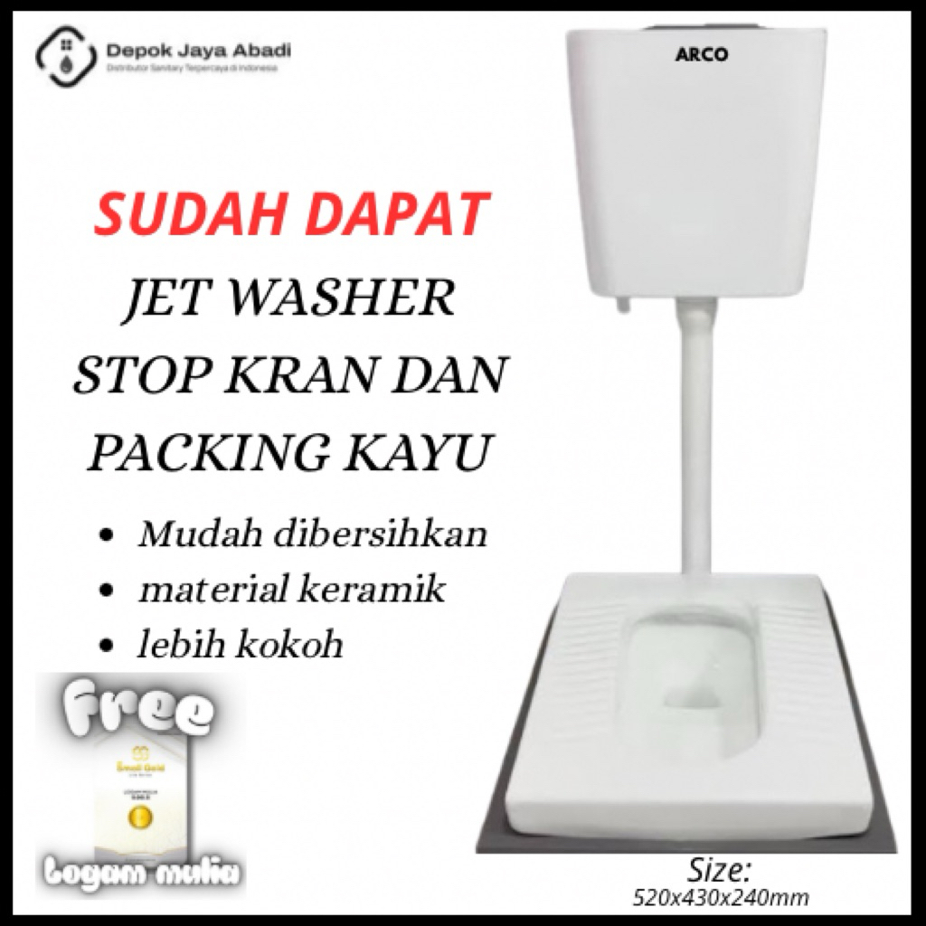 Kloset Jongkok ARCO + Tangki Siram – Sudah Termasuk Jet Washer, Stop Kran & Packing Kayu