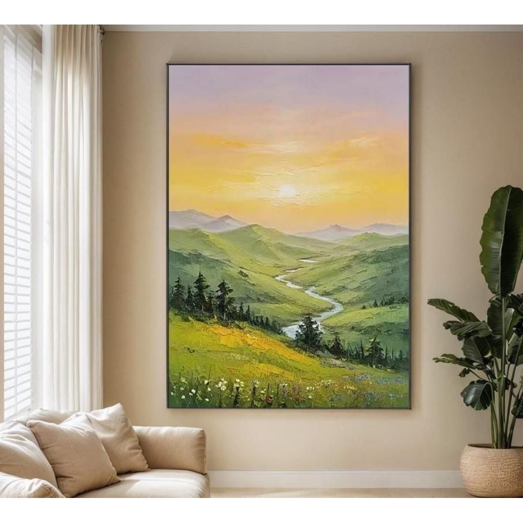 Lukisan Dinding Pemandangan Hijau Sunset Tekstur - Lukisan Tangan Asli - Hiasan Dinding Ruang Tamu A