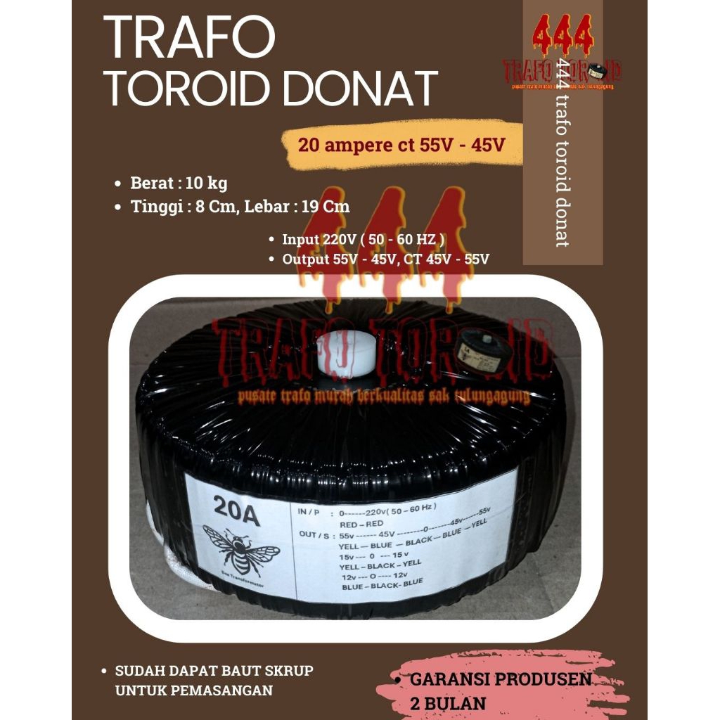 trafo toroid donat 20 ampere CT 55V - 45V