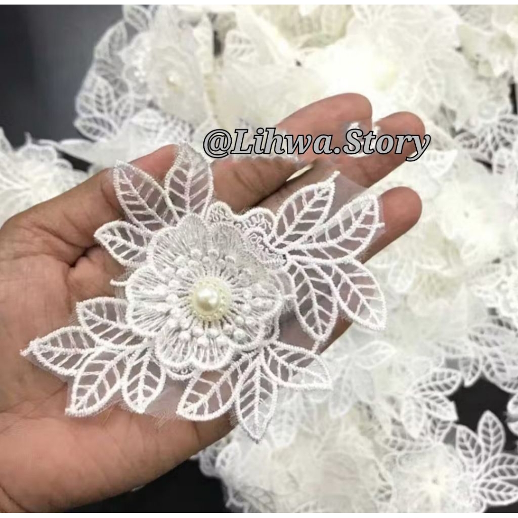 1 PC - RENDA GIPER BUNGA MUTIARA | RENDA PUTIH/ RENDA BORDIR/ RENDA TIMBUL