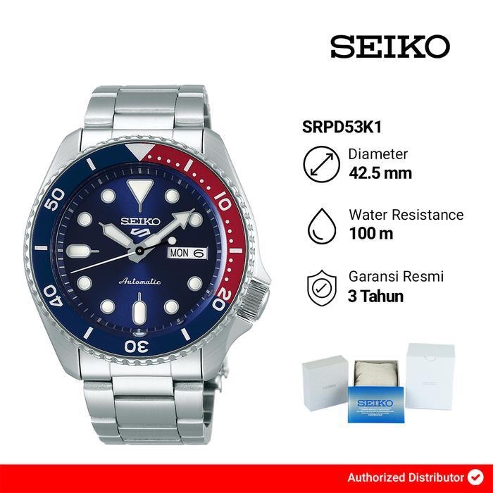Jam Tangan Pria Seiko 5 Sports SRPD53K1 Automatic Blue Dial "Pepsi" Bezel Stainless Steel Strap Watc