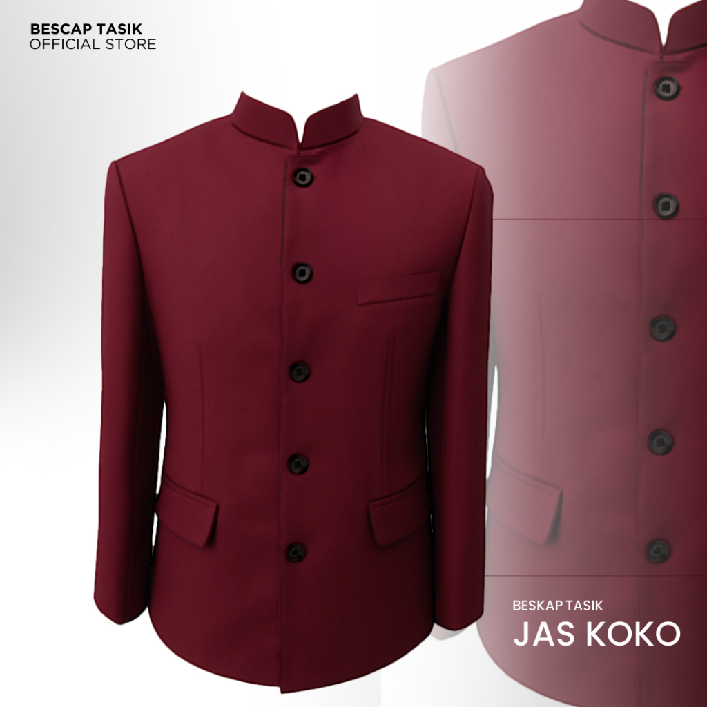 Beskap Jas Koko Maroon Polos Motif Saku Tutup Pria Muslim Premium Lengan Panjang S-XXL