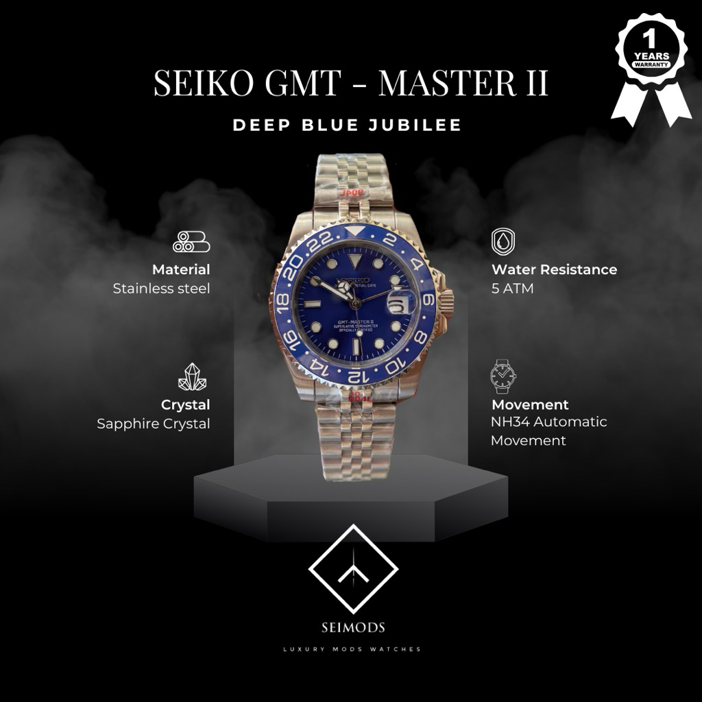 Jam Tangan Seiko Deep Blue GMT Master II Mod NH34 Jubilee Automatic Watch